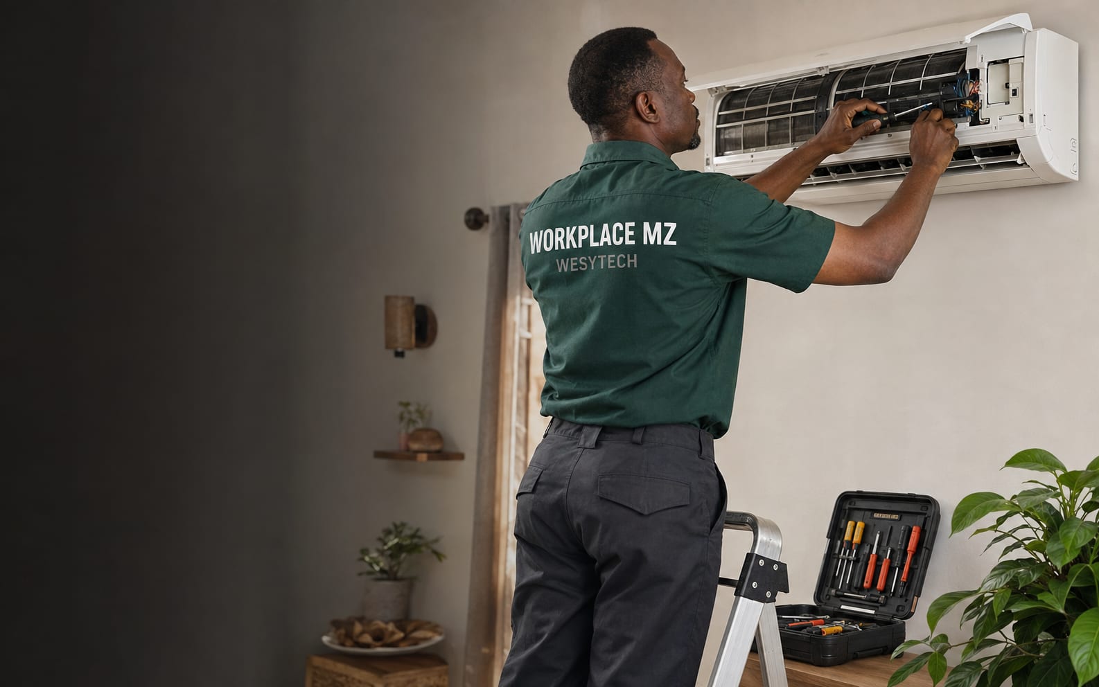 Técnico do WORKPLACE MZ a reparar uma unidade de ar condicionado.